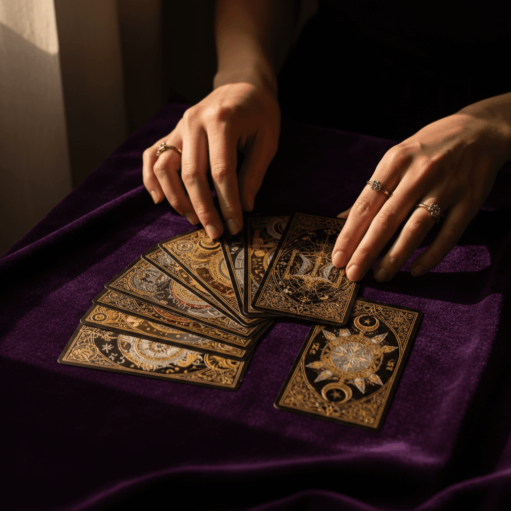 Tarot cards laid out on a cloth with a candle burning softly in the background