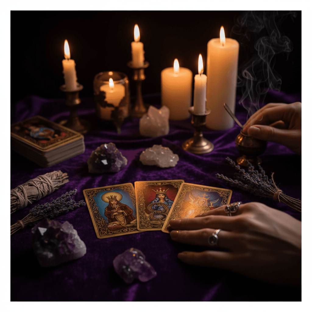 Hands laying out tarot cards on a wooden table with a candle nearby
