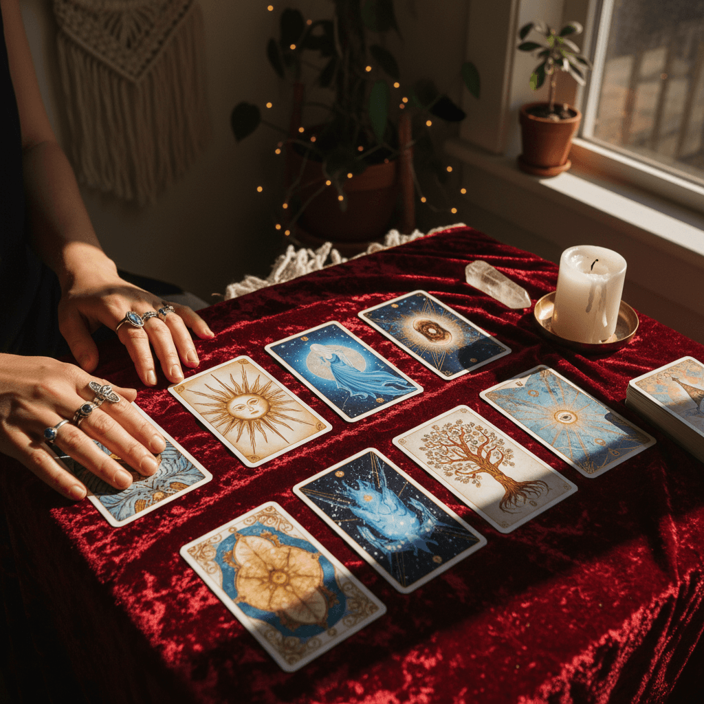 Tarot cards laid out on dark silk cloth beside a lit candle